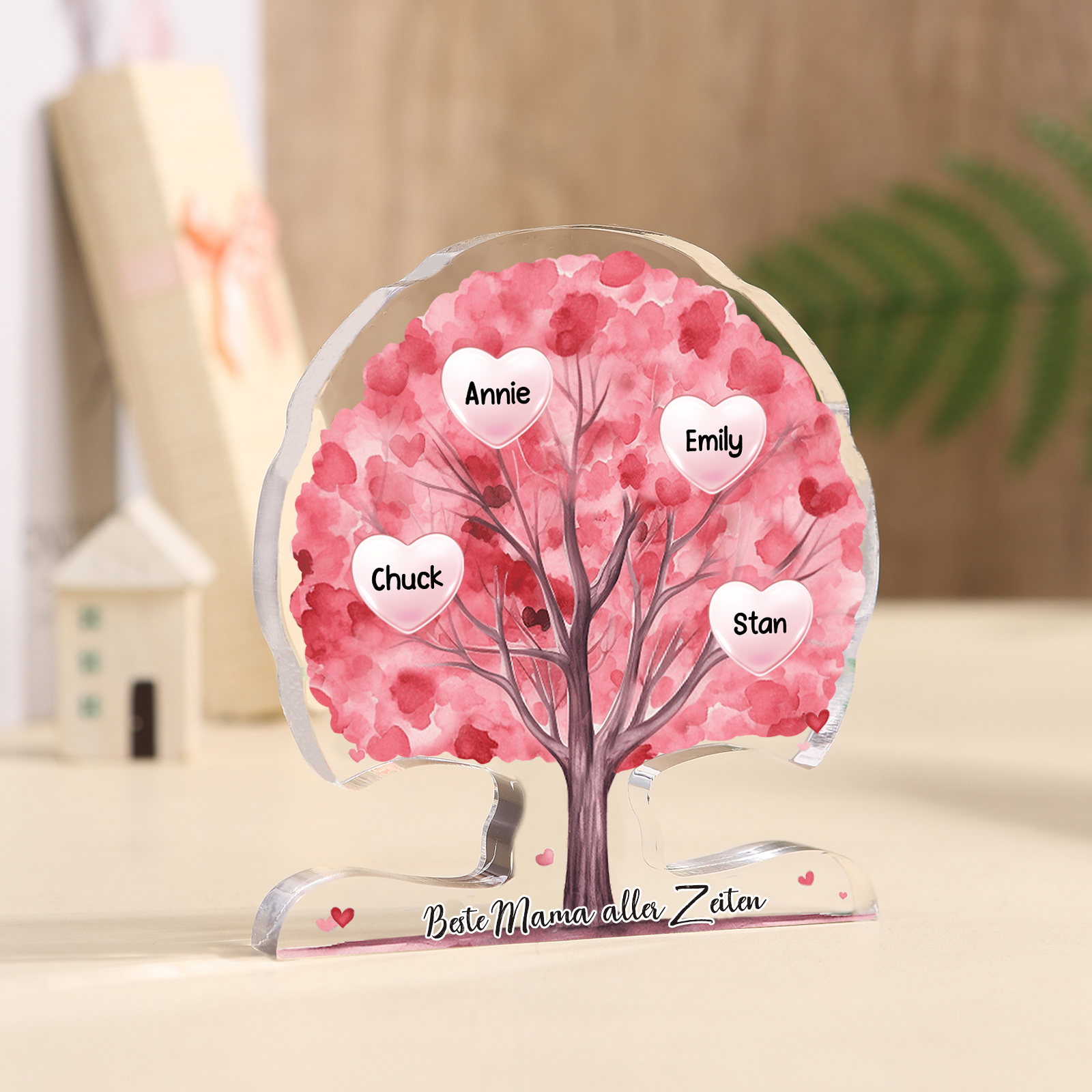 Personalisierte Acryl-Deko – Baum mit 4 Namen & Wunschtext – Herzliche Schreibtischdekoration für Familie