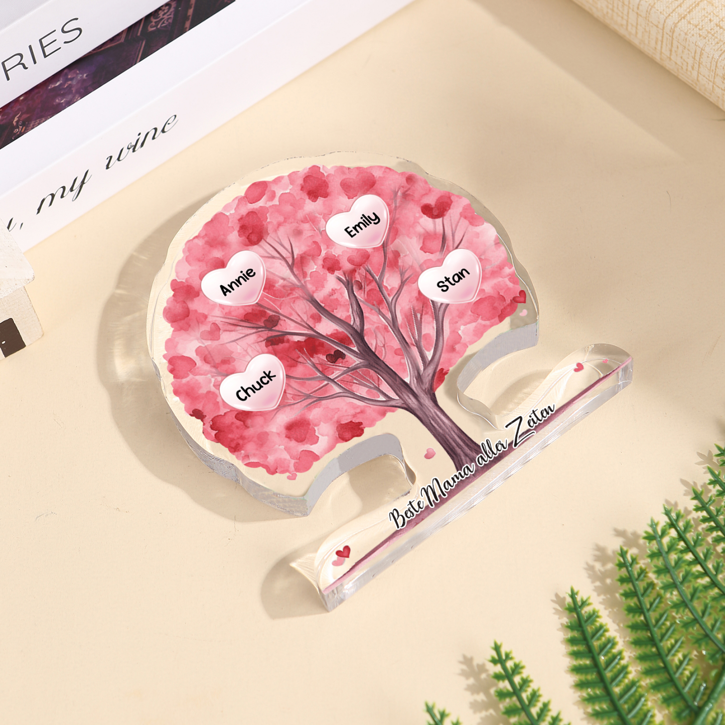 Personalisierte Acryl-Deko – Baum mit 4 Namen & Wunschtext – Herzliche Schreibtischdekoration für Familie
