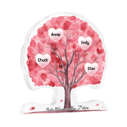 Personalisierte Acryl-Deko – Baum mit 4 Namen & Wunschtext – Herzliche Schreibtischdekoration für Familie