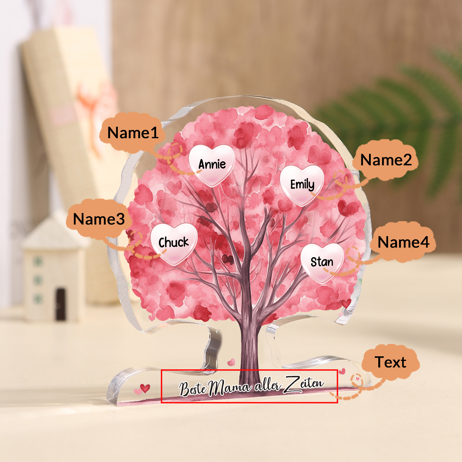 Personalisierte Acryl-Deko – Baum mit 4 Namen & Wunschtext – Herzliche Schreibtischdekoration für Familie