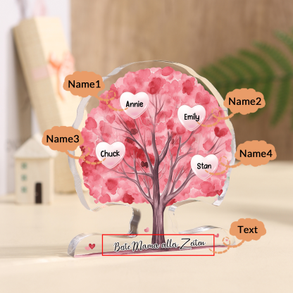 Personalisierte Acryl-Deko – Baum mit 4 Namen & Wunschtext – Herzliche Schreibtischdekoration für Familie