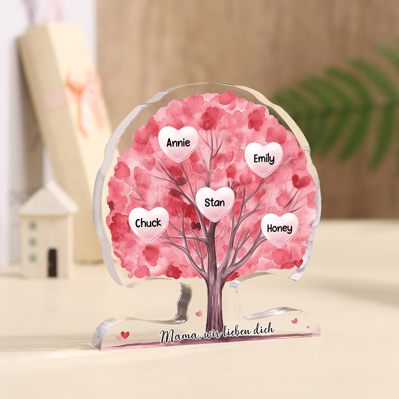 Personalisierte Acryl-Deko – Baum mit 5 Namen & Wunschtext – Herzliche Schreibtischdekoration für Familie