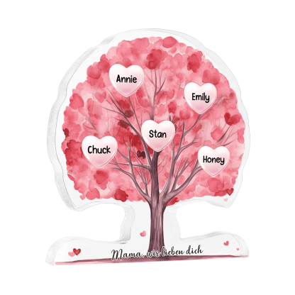 Personalisierte Acryl-Deko – Baum mit 5 Namen & Wunschtext – Herzliche Schreibtischdekoration für Familie