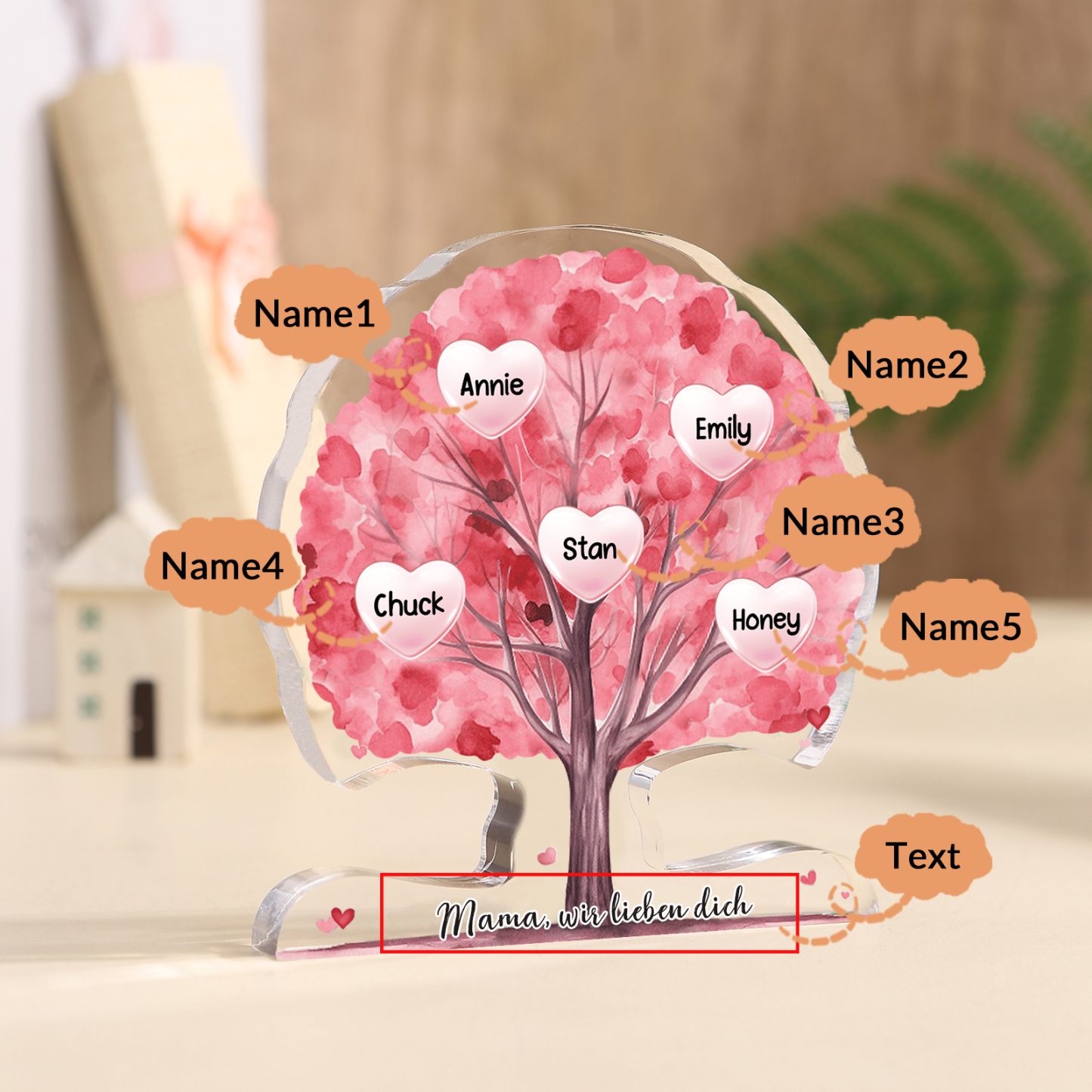 Personalisierte Acryl-Deko – Baum mit 5 Namen & Wunschtext – Herzliche Schreibtischdekoration für Familie
