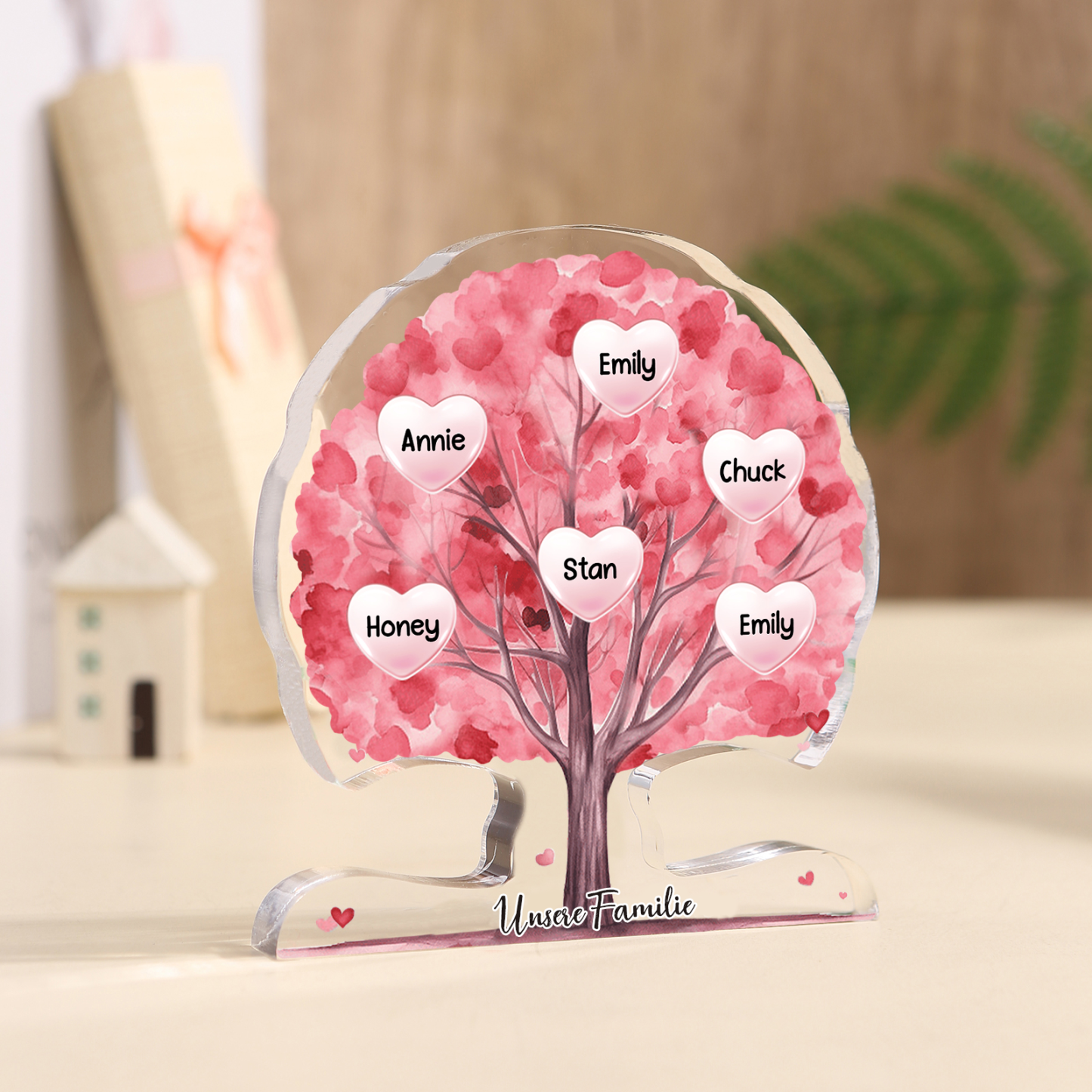 Personalisierte Acryl-Deko – Baum mit 6 Namen & Wunschtext – Herzliche Schreibtischdekoration für Familie