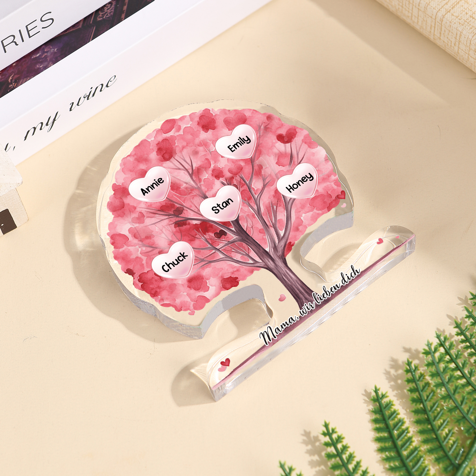 Personalisierte Acryl-Deko – Baum mit 6 Namen & Wunschtext – Herzliche Schreibtischdekoration für Familie