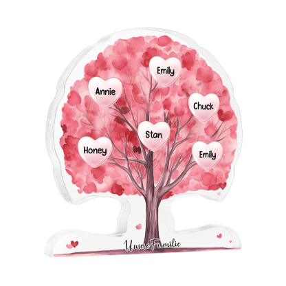 Personalisierte Acryl-Deko – Baum mit 6 Namen & Wunschtext – Herzliche Schreibtischdekoration für Familie