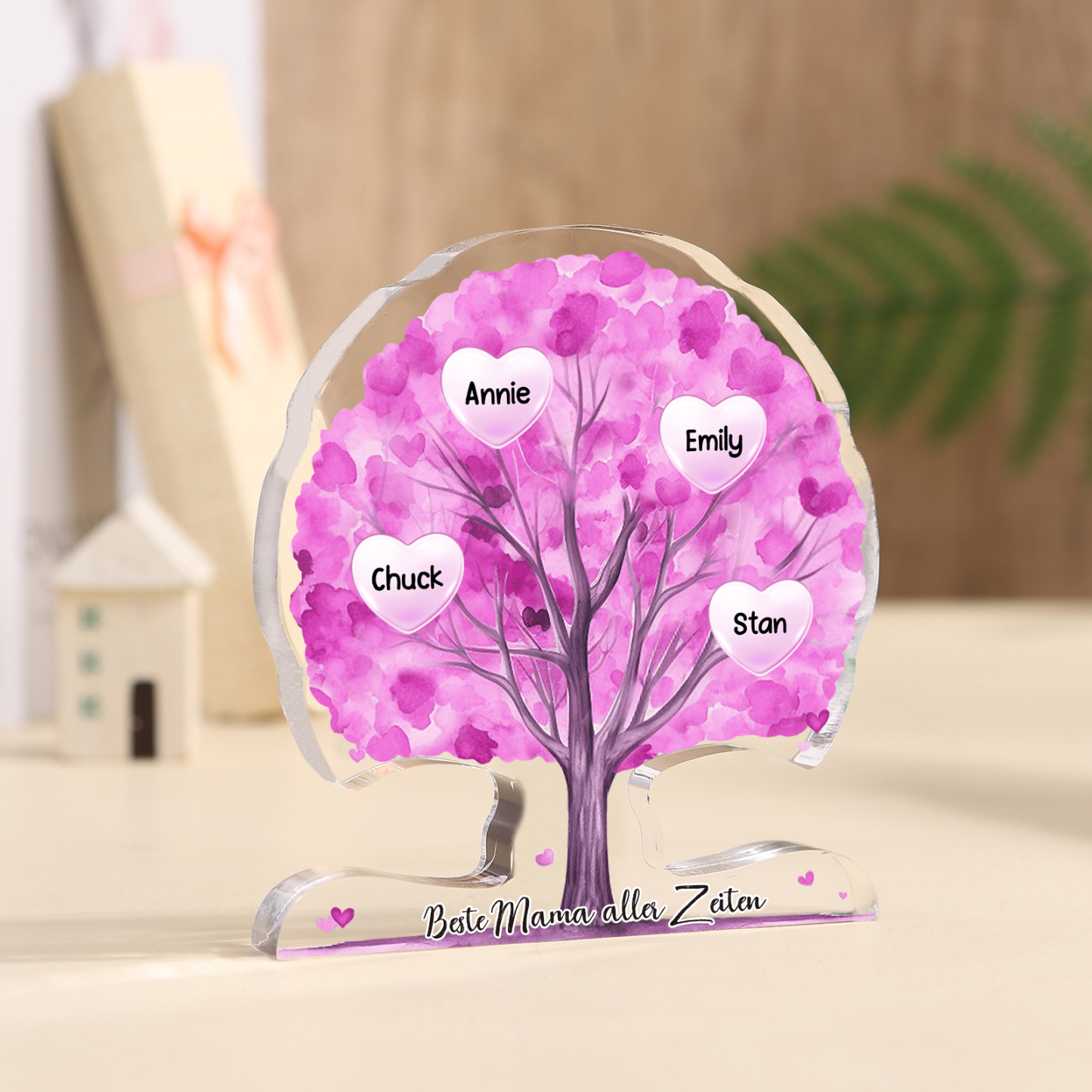 Personalisierte Acryl-Deko – Baum mit 4 Namen & Wunschtext – Herzliche Schreibtischdekoration für Familie