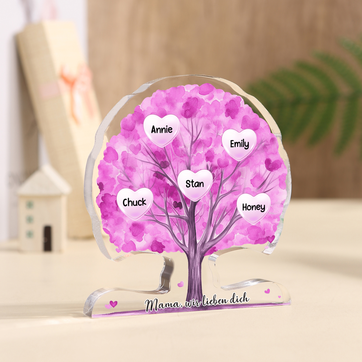 Personalisierte Acryl-Deko – Baum mit 5 Namen & Wunschtext – Herzliche Schreibtischdekoration für Familie