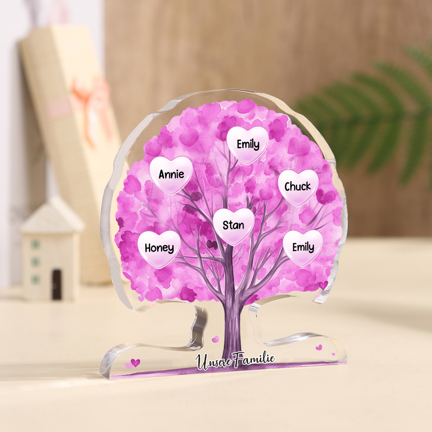 Personalisierte Acryl-Deko – Baum mit 6 Namen & Wunschtext – Herzliche Schreibtischdekoration für Familie