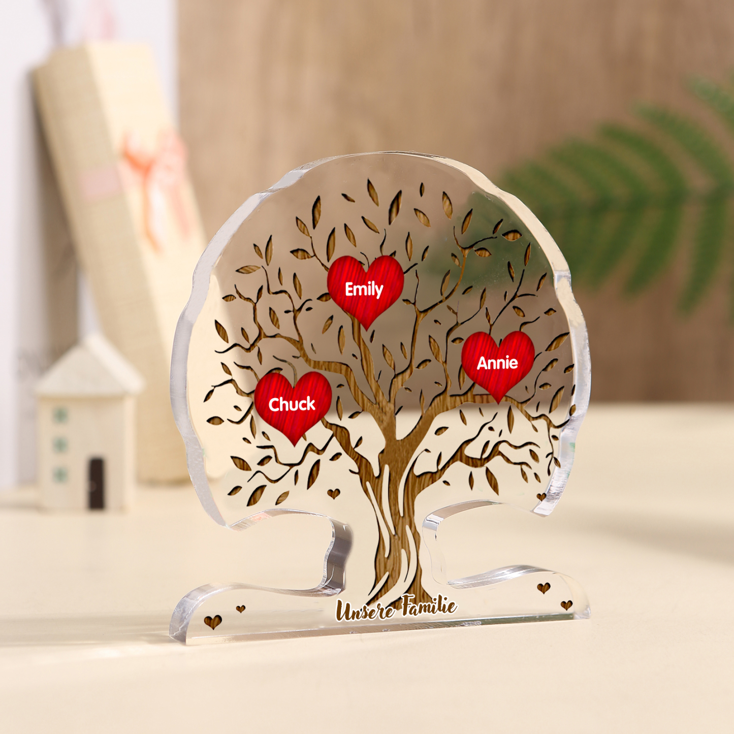 Personalisierte Acryl-Deko – Baum mit 3 Namen & Wunschtext – Herzliche Schreibtischdekoration für Familie