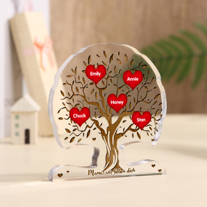 Personalisierte Acryl-Deko – Baum mit 5 Namen & Wunschtext – Herzliche Schreibtischdekoration für Familie
