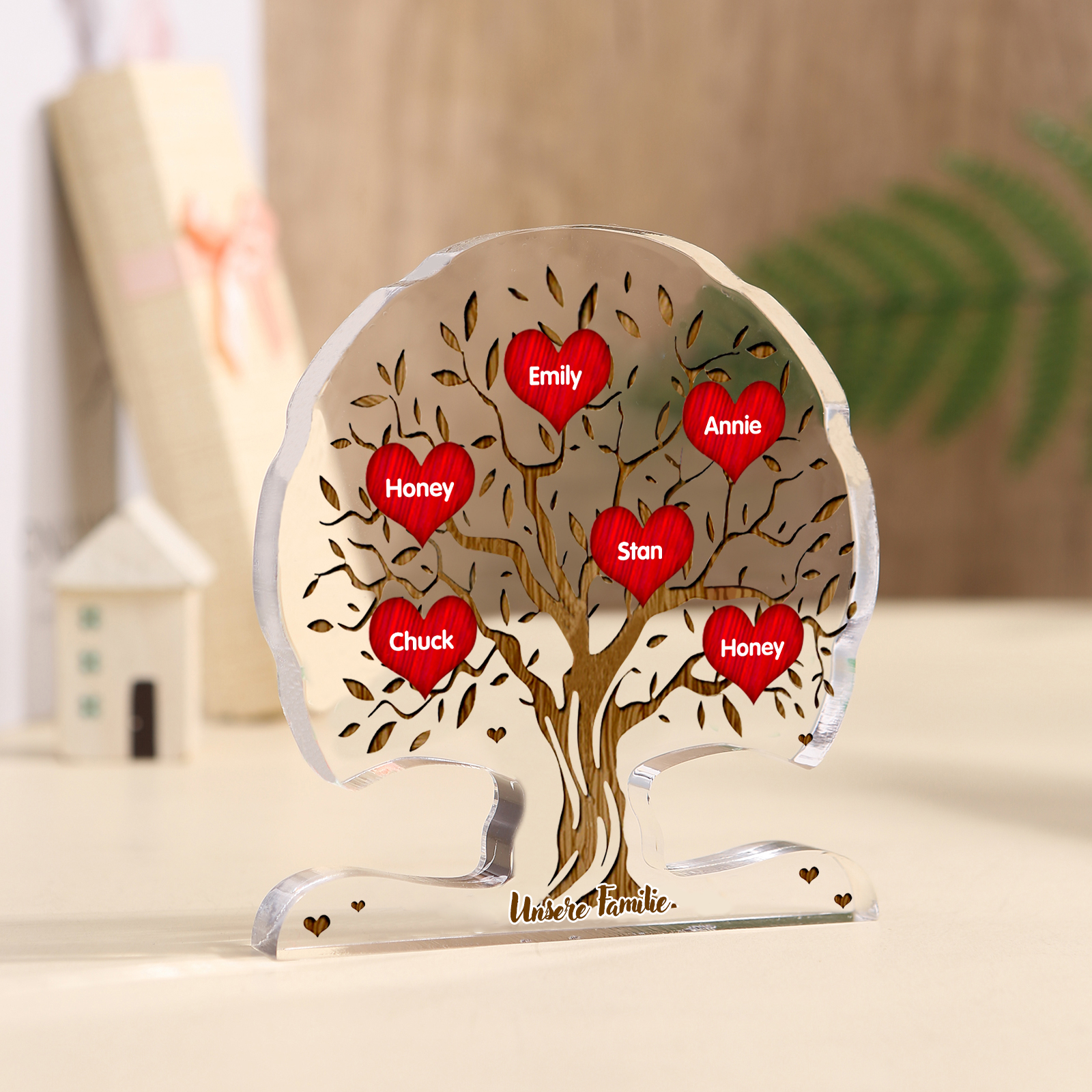 Personalisierte Acryl-Deko – Baum mit 6 Namen & Wunschtext – Herzliche Schreibtischdekoration für Familie