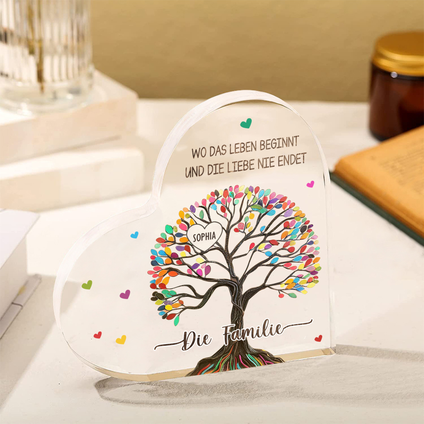 Personalisierte 2 Texte & 1 Name Bunter Familienbaum Familie Acryl-Deko Schreibtischdekoration für Familien