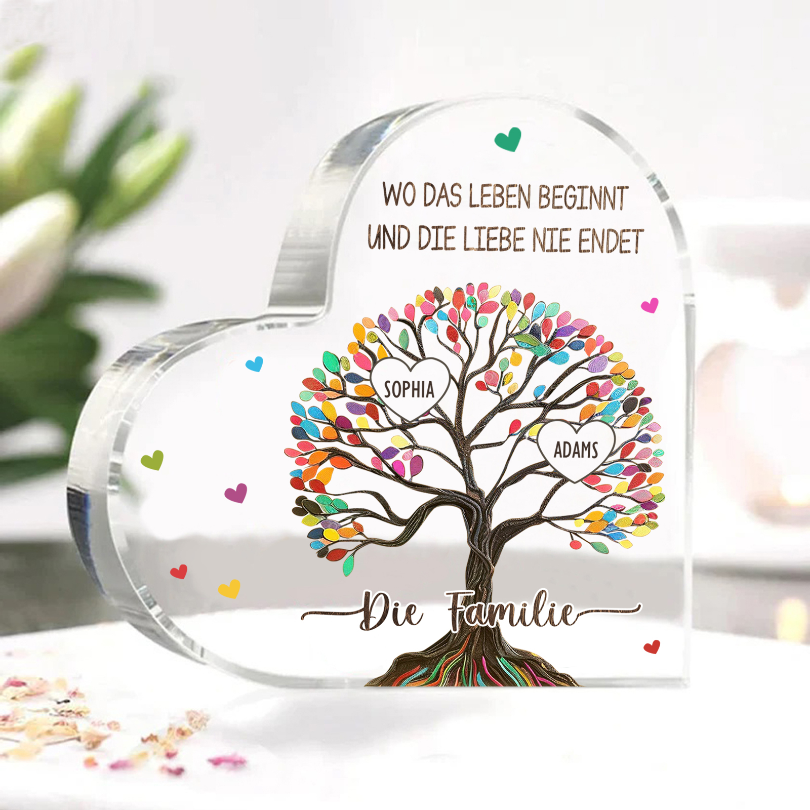 Personalisierte 2 Texte & 2 Namen Bunter Familienbaum Familie Acryl-Deko Schreibtischdekoration für Familien