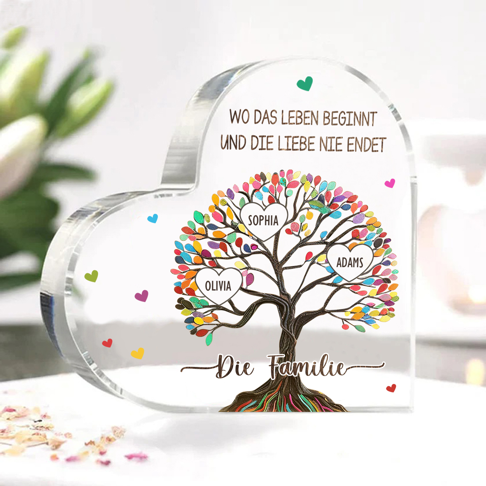 Personalisierte 2 Texte & 3 Namen Bunter Familienbaum Familie Acryl-Deko Schreibtischdekoration für Familien