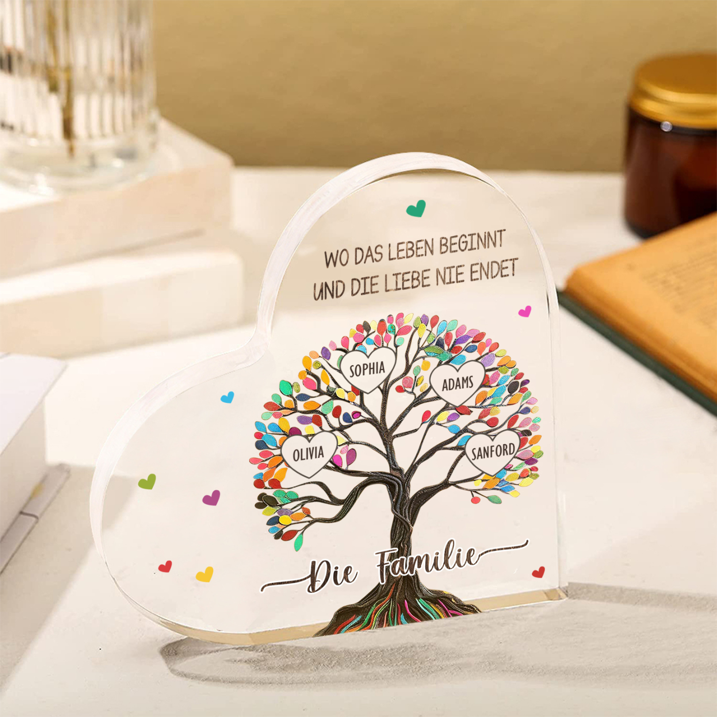 Personalisierte 2 Texte & 4 Namen Bunter Familienbaum Familie Acryl-Deko Schreibtischdekoration für Familien