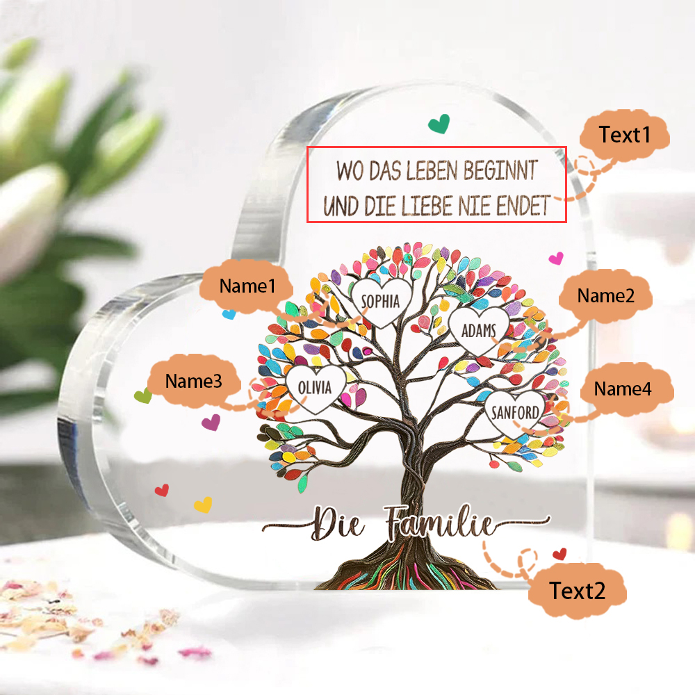 Personalisierte 2 Texte & 4 Namen Bunter Familienbaum Familie Acryl-Deko Schreibtischdekoration für Familien