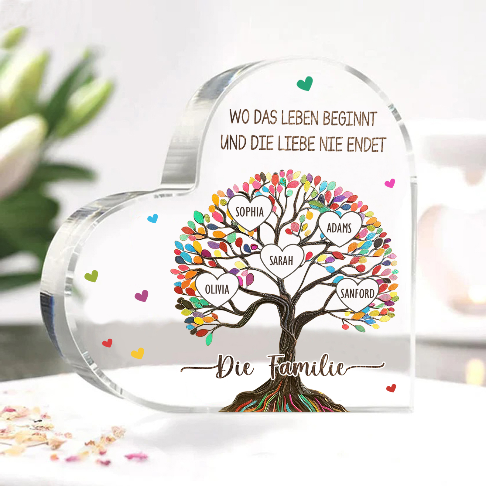 Personalisierte 2 Texte & 5 Namen Bunter Familienbaum Familie Acryl-Deko Schreibtischdekoration für Familien