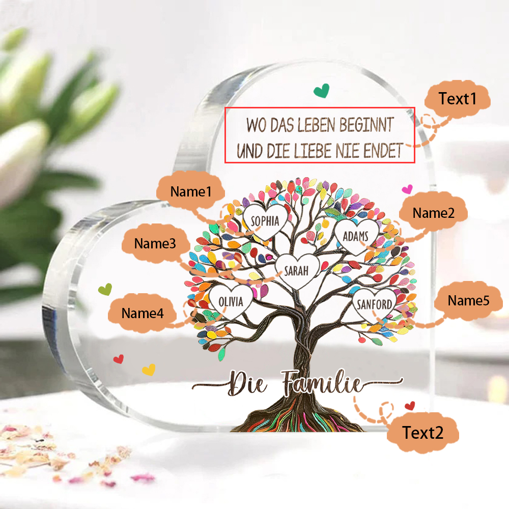 Personalisierte 2 Texte & 5 Namen Bunter Familienbaum Familie Acryl-Deko Schreibtischdekoration für Familien