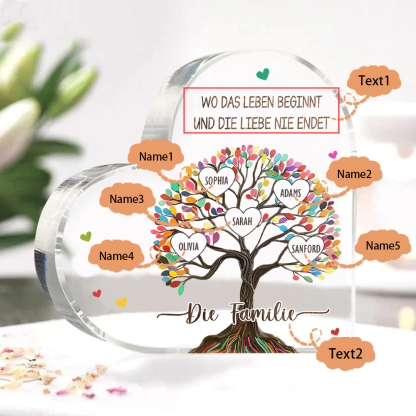 Personalisierte 2 Texte & 5 Namen Bunter Familienbaum Familie Acryl-Deko Schreibtischdekoration für Familien