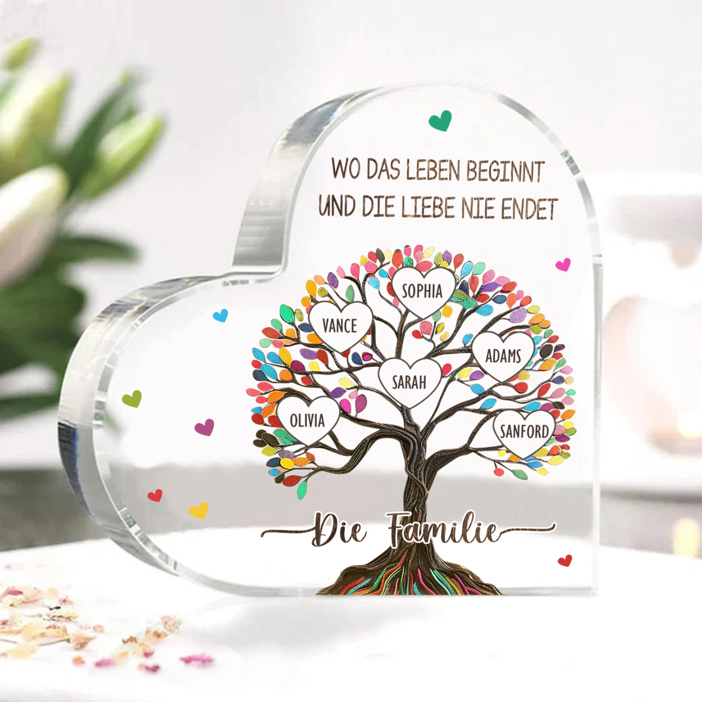 Personalisierte 2 Texte & 6 Namen Bunter Familienbaum Familie Acryl-Deko Schreibtischdekoration für Familien