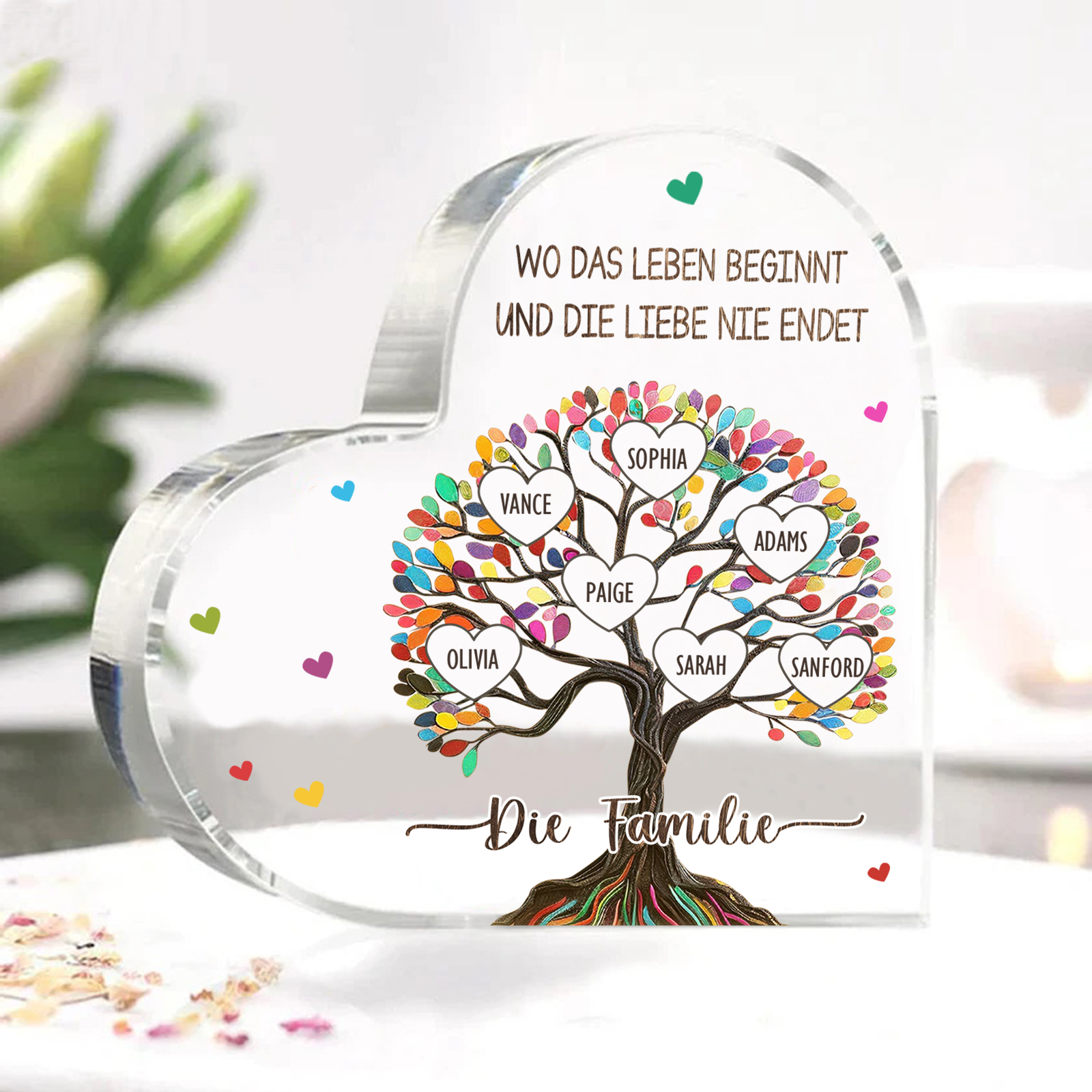 Personalisierte 2 Texte & 7 Namen Bunter Familienbaum Familie Acryl-Deko Schreibtischdekoration für Familien