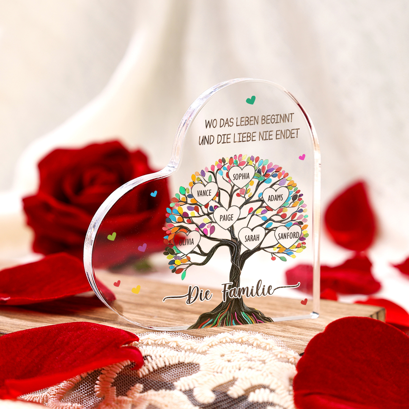 Personalisierte 2 Texte & 7 Namen Bunter Familienbaum Familie Acryl-Deko Schreibtischdekoration für Familien