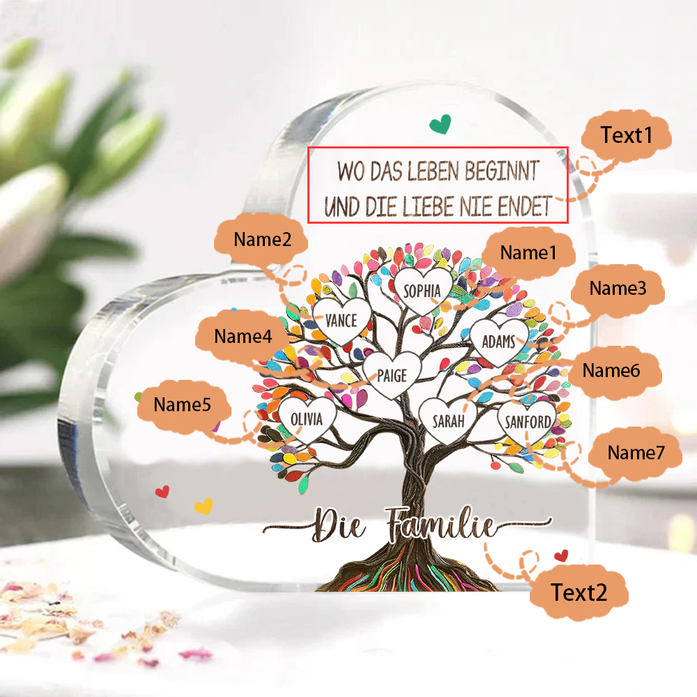 Personalisierte 2 Texte & 7 Namen Bunter Familienbaum Familie Acryl-Deko Schreibtischdekoration für Familien
