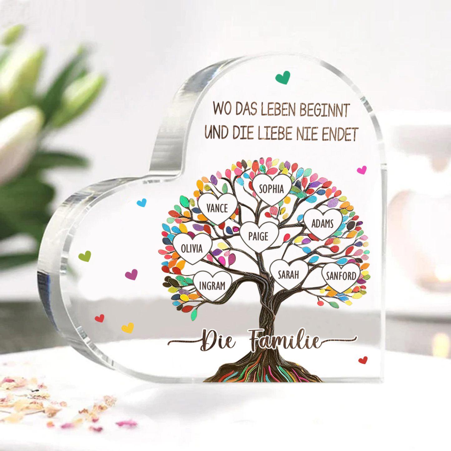 Personalisierte 2 Texte & 8 Namen Bunter Familienbaum Familie Acryl-Deko Schreibtischdekoration für Familien
