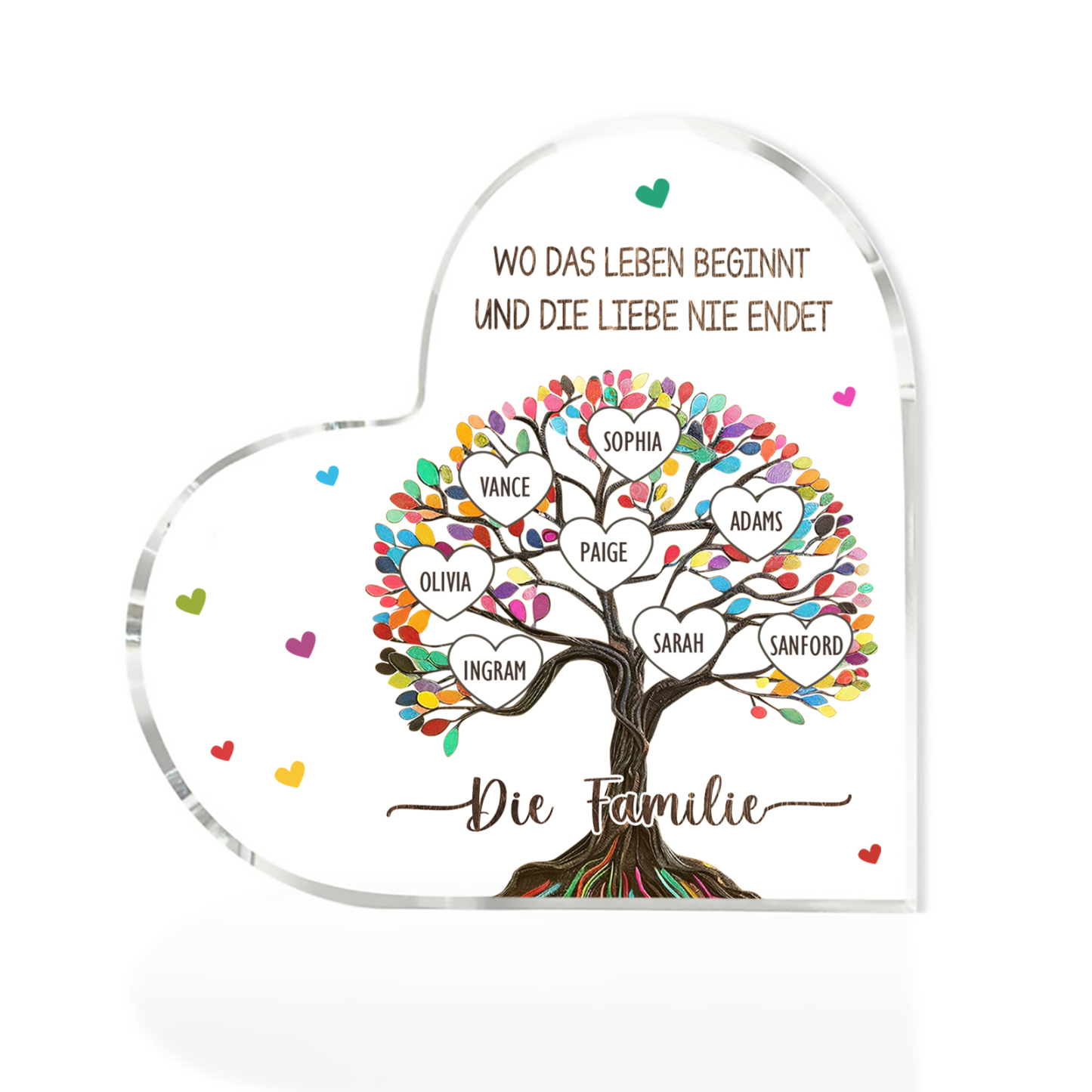 Personalisierte 2 Texte & 8 Namen Bunter Familienbaum Familie Acryl-Deko Schreibtischdekoration für Familien