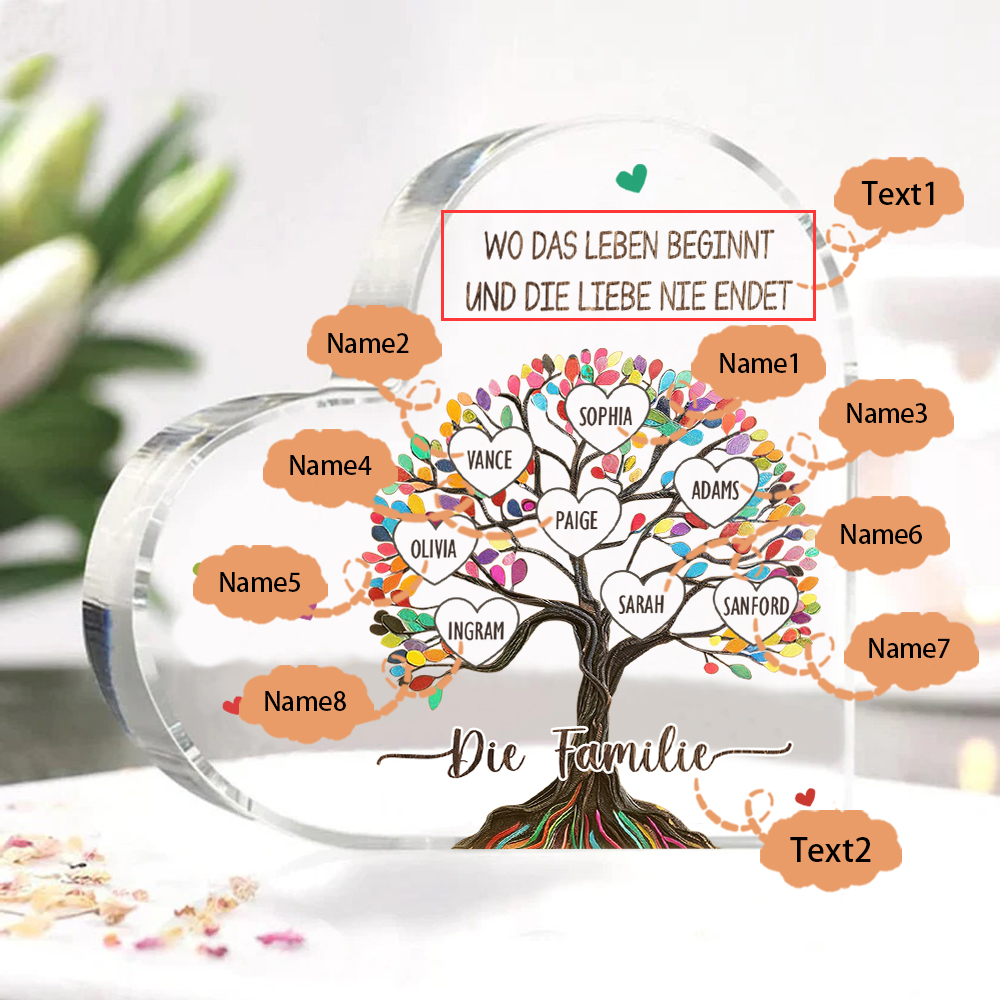Personalisierte 2 Texte & 8 Namen Bunter Familienbaum Familie Acryl-Deko Schreibtischdekoration für Familien