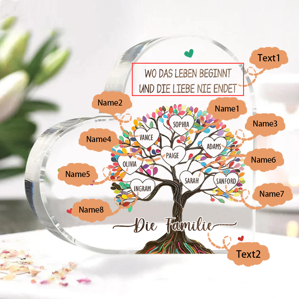 Personalisierte 2 Texte & 8 Namen Bunter Familienbaum Familie Acryl-Deko Schreibtischdekoration für Familien