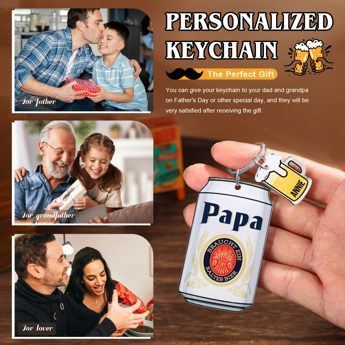 Personalisierbarer 1 Name Schlüsselanhänger in Bierflaschenform-Papa  Braucht ein kaltes Bier