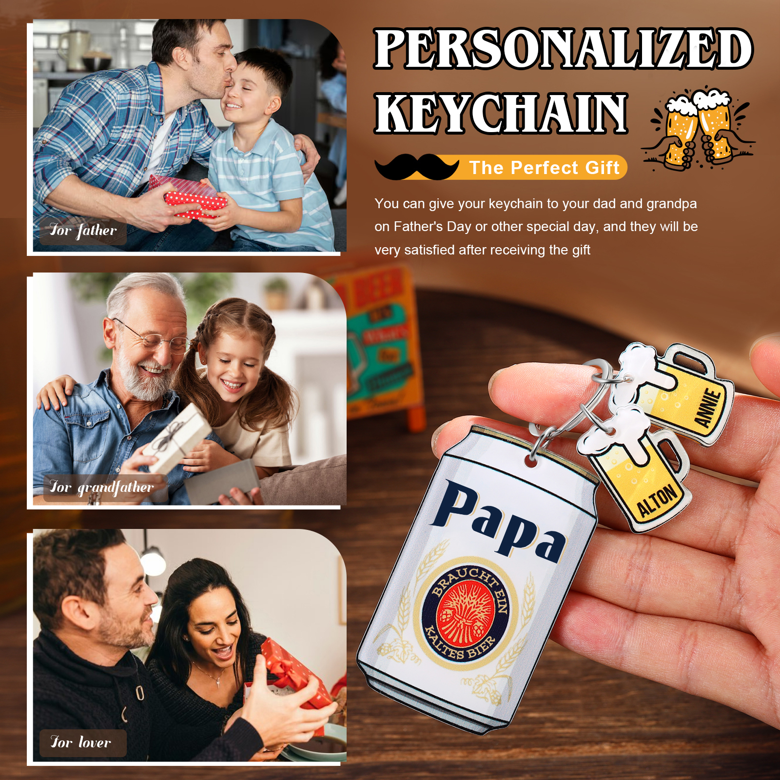 Personalisierbarer 2 Namen Schlüsselanhänger in Bierflaschenform-Papa Braucht ein kaltes Bier