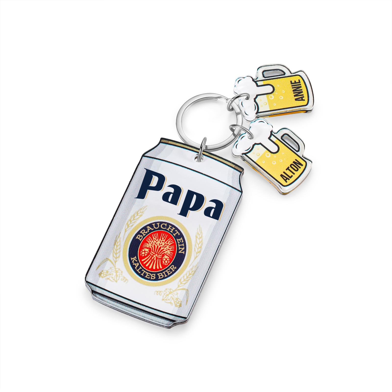 Personalisierbarer 2 Namen Schlüsselanhänger in Bierflaschenform-Papa Braucht ein kaltes Bier