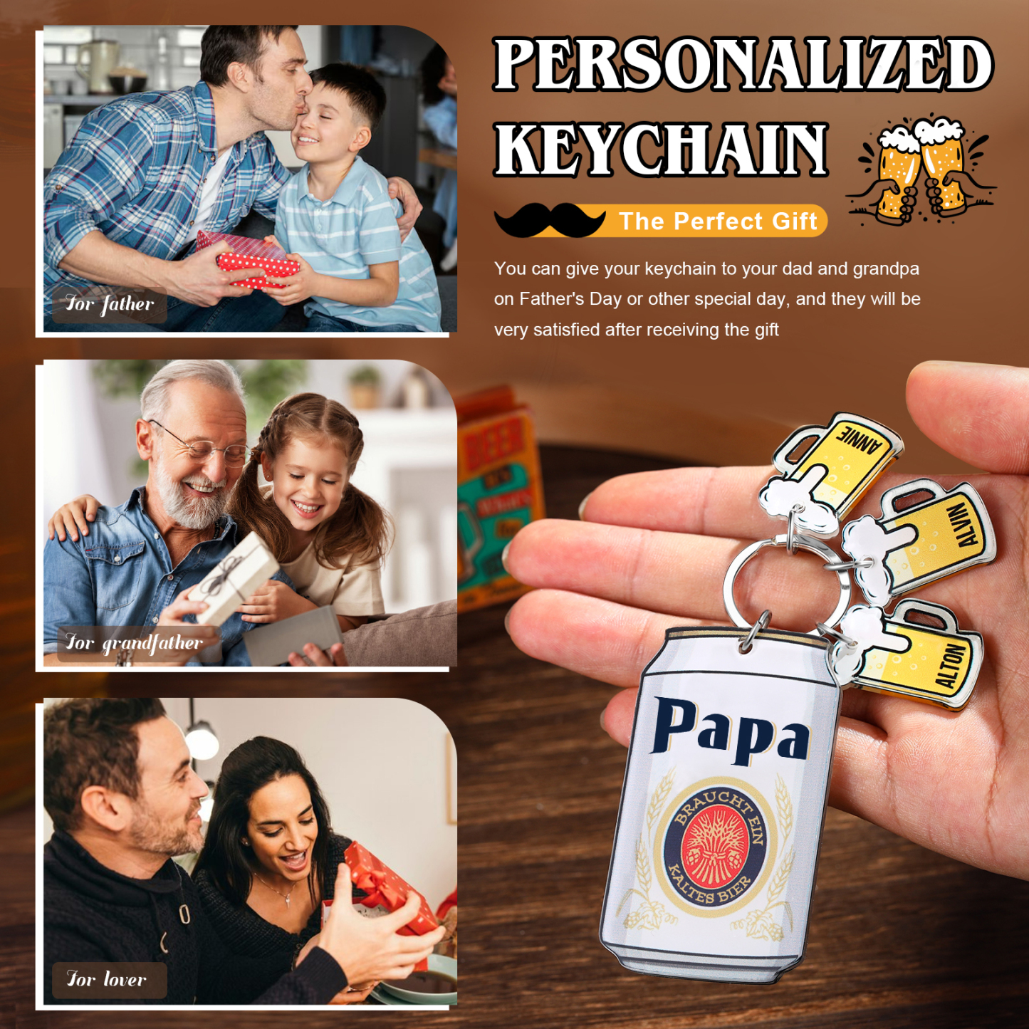 Personalisierbarer 3 Namen Schlüsselanhänger in Bierflaschenform-Papa Braucht ein kaltes Bier