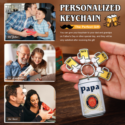 Personalisierbarer 4 Namen Schlüsselanhänger in Bierflaschenform-Papa Braucht ein kaltes Bier