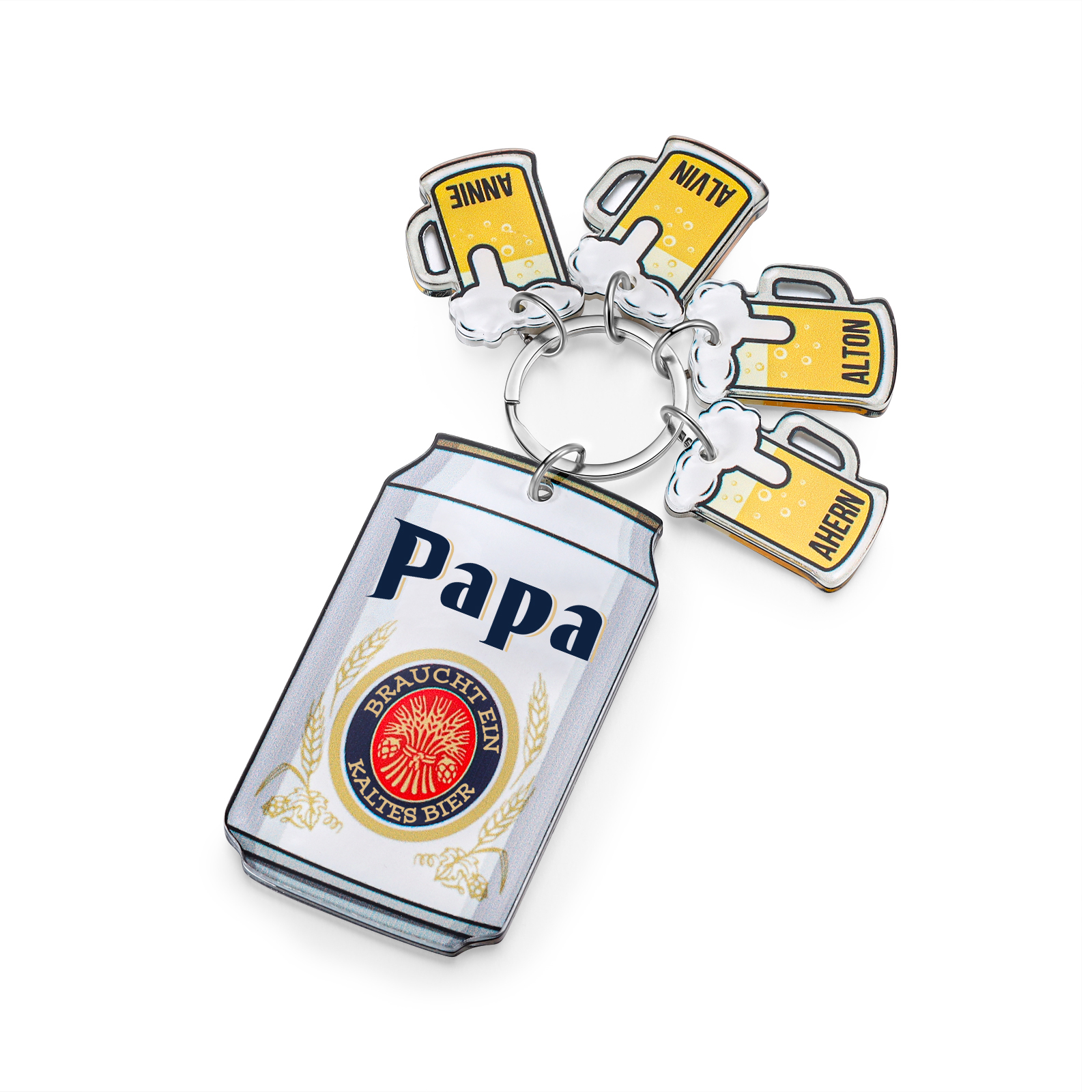 Personalisierbarer 4 Namen Schlüsselanhänger in Bierflaschenform-Papa Braucht ein kaltes Bier