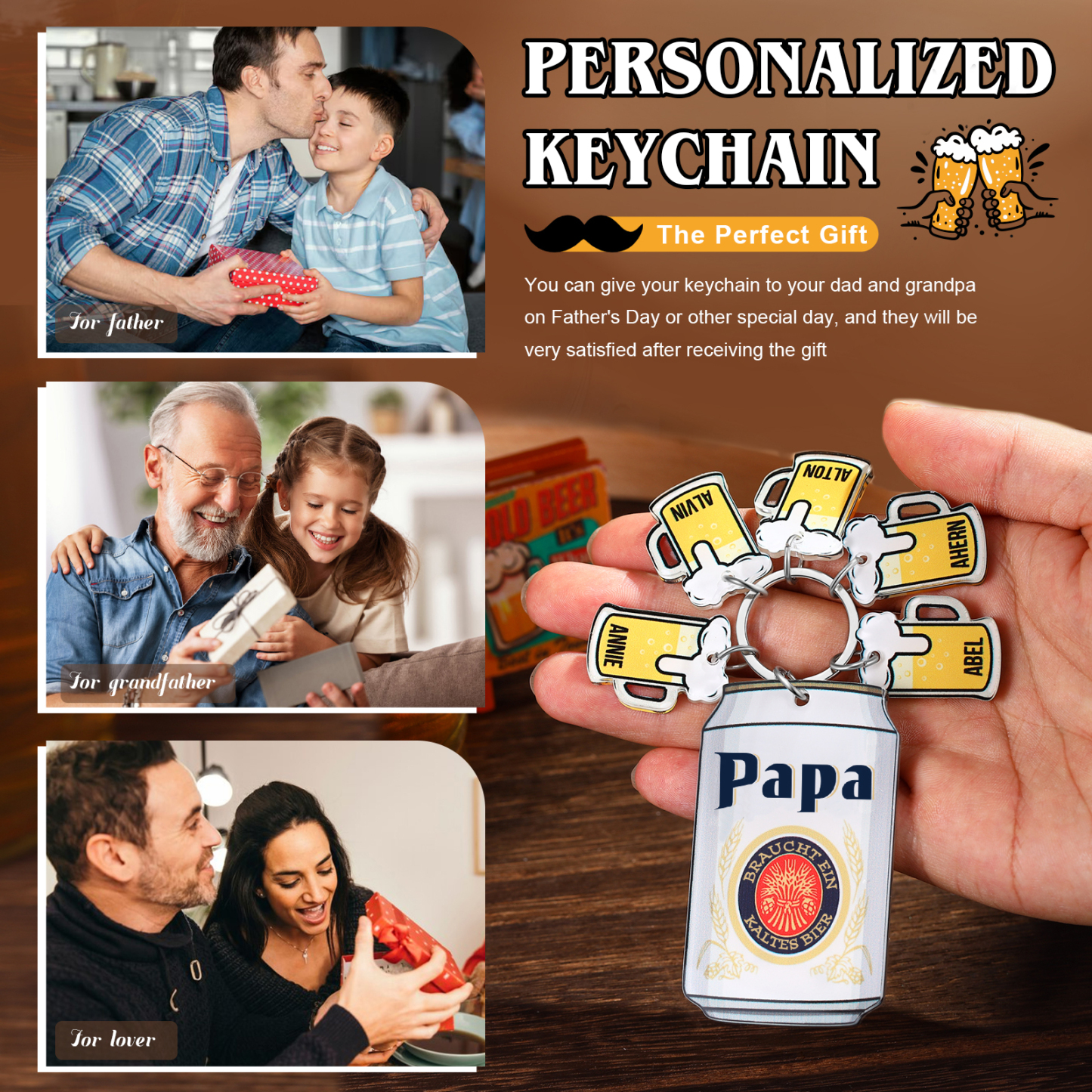 Personalisierbarer 5 Namen Schlüsselanhänger in Bierflaschenform-Papa Braucht ein kaltes Bier