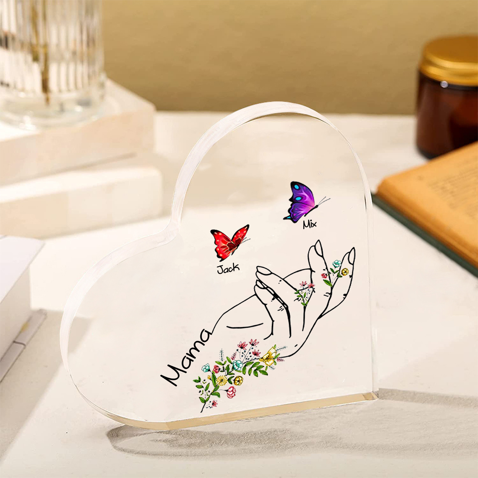 Personalisierte 2 Namen & Text Acryl-Deko mit Schmetterling Schreibtischdekoration für Mutter/Großmutter