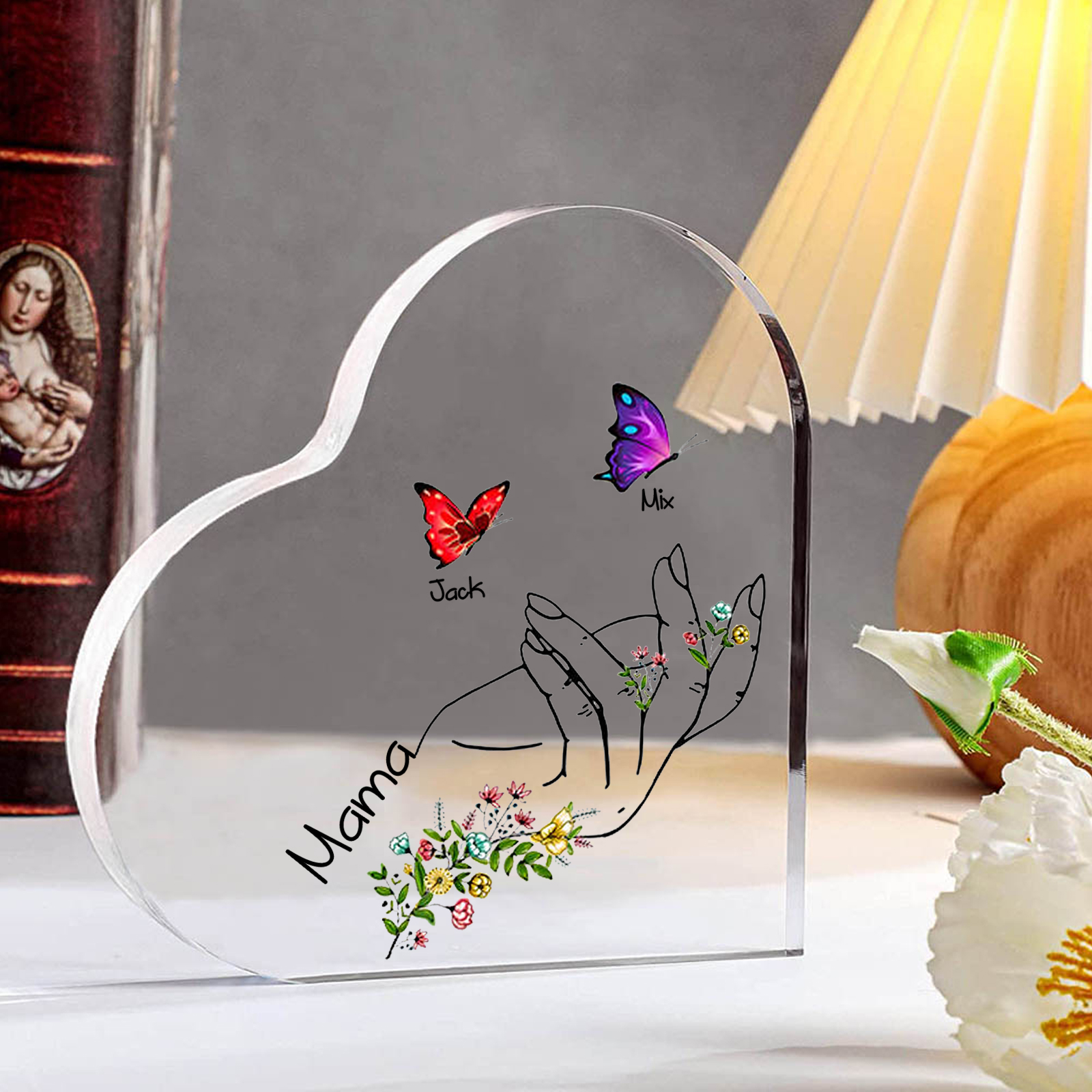Personalisierte 2 Namen & Text Acryl-Deko mit Schmetterling Schreibtischdekoration für Mutter/Großmutter