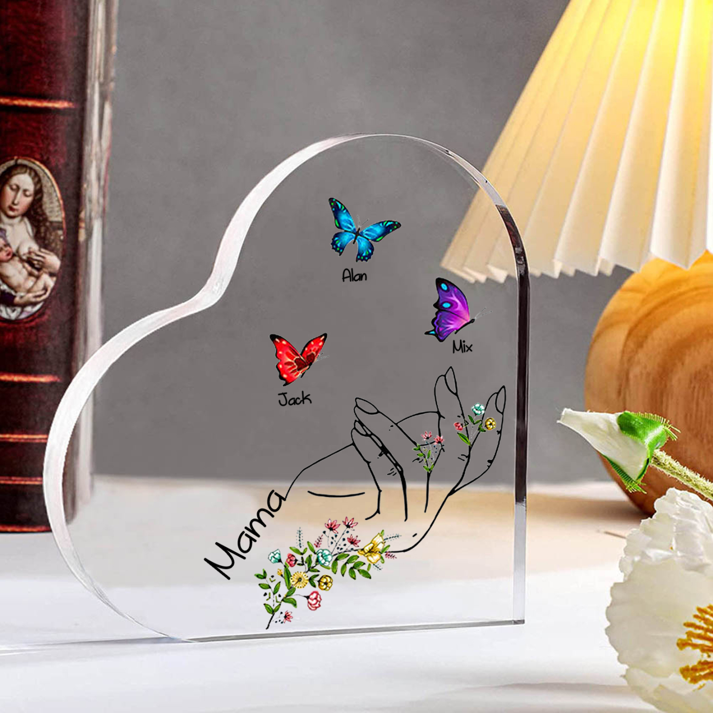 Personalisierte 3 Namen & Text Acryl-Deko mit Schmetterling Schreibtischdekoration für Mutter/Großmutter