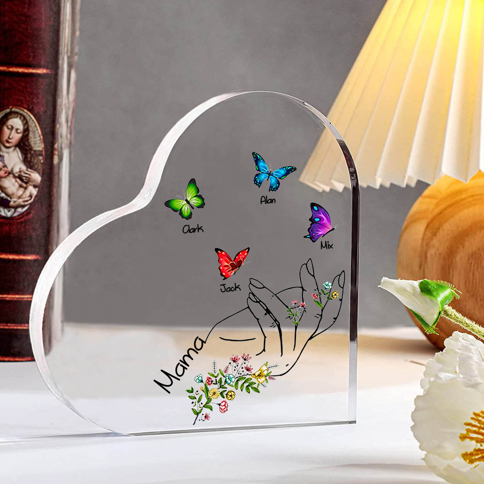 Personalisierte 4 Namen & Text Acryl-Deko mit Schmetterling Schreibtischdekoration für Mutter/Großmutter
