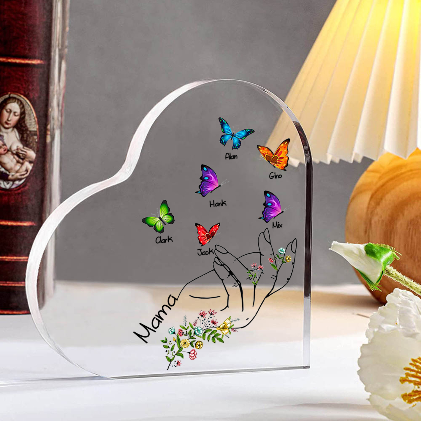 Personalisierte 6 Namen & Text Acryl-Deko mit Schmetterling Schreibtischdekoration für Mutter/Großmutter