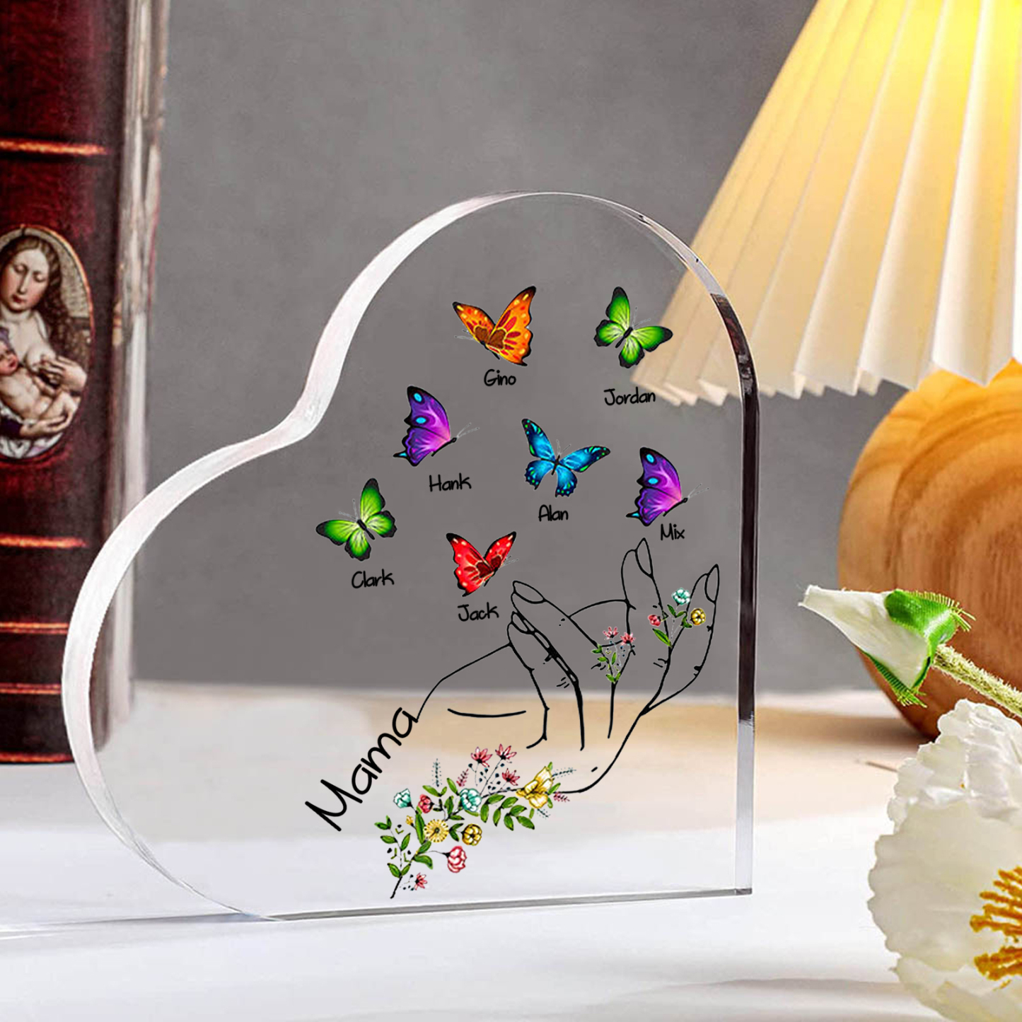 Personalisierte 7 Namen & Text Acryl-Deko mit Schmetterling Schreibtischdekoration für Mutter/Großmutter