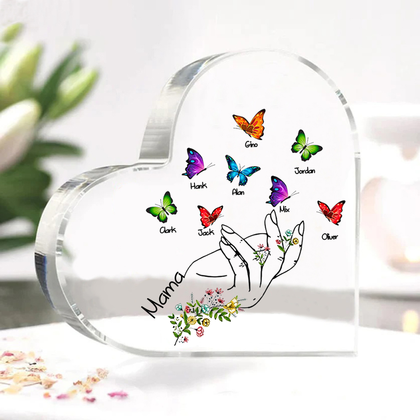 Personalisierte 8 Namen & Text Acryl-Deko mit Schmetterling Schreibtischdekoration für Mutter/Großmutter