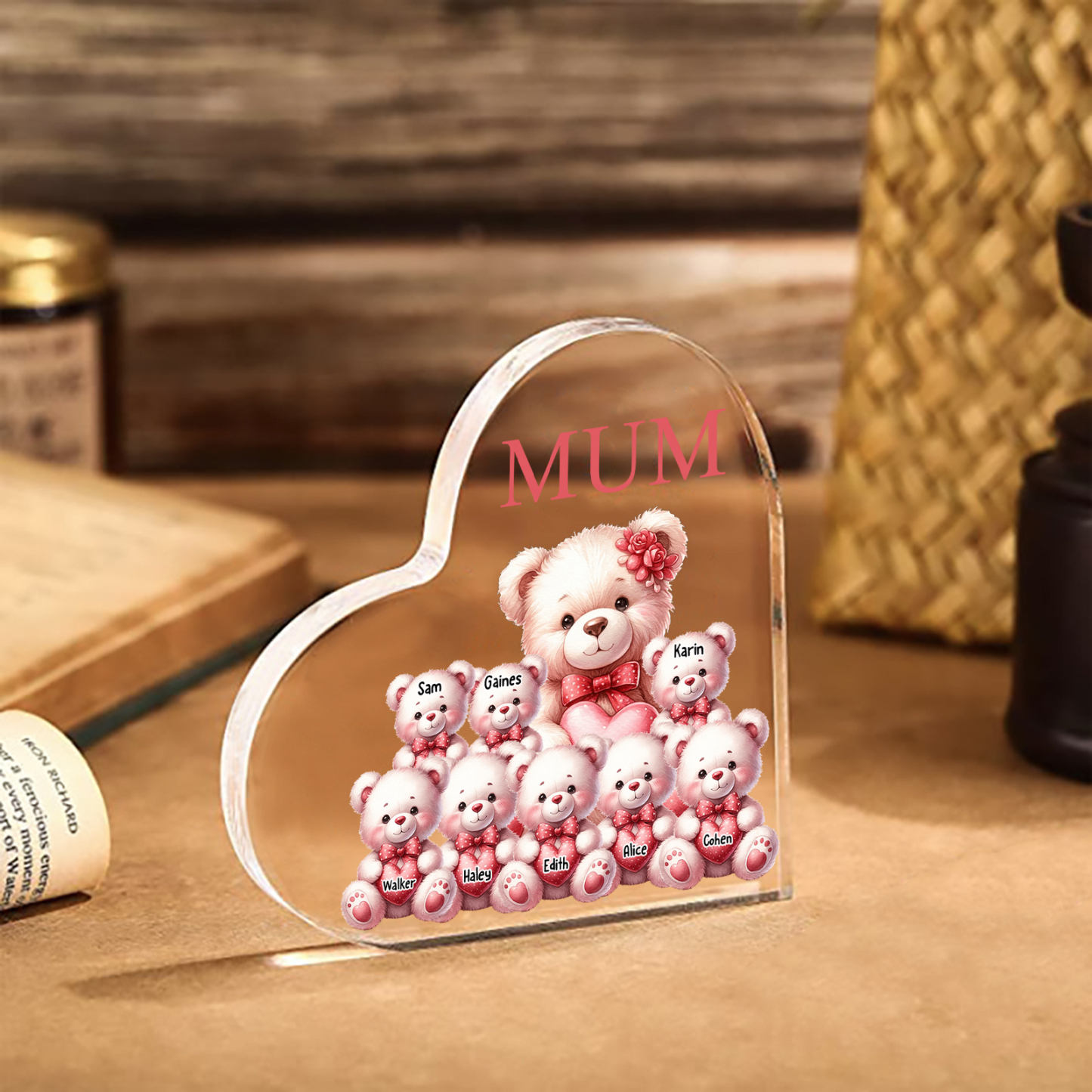 Personalisierte 8 Namen & Text Acryl-Deko mit Tragen Herz Schreibtischdekoration für Mutter/Großmutter
