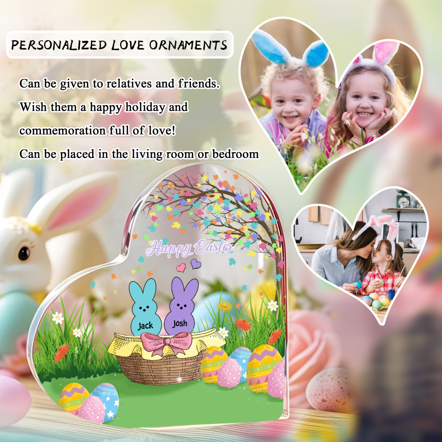 Personalisierbarer 1 Text & 2 Namen Ostern Herz-Acryl-Deko mit Hase