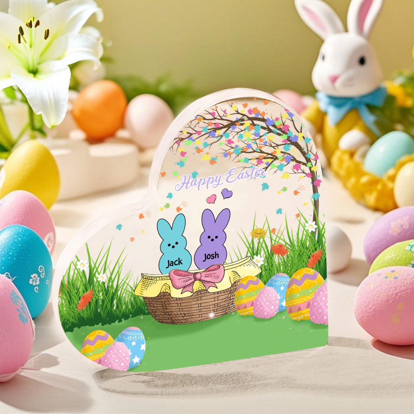 Personalisierbarer 1 Text & 2 Namen Ostern Herz-Acryl-Deko mit Hase